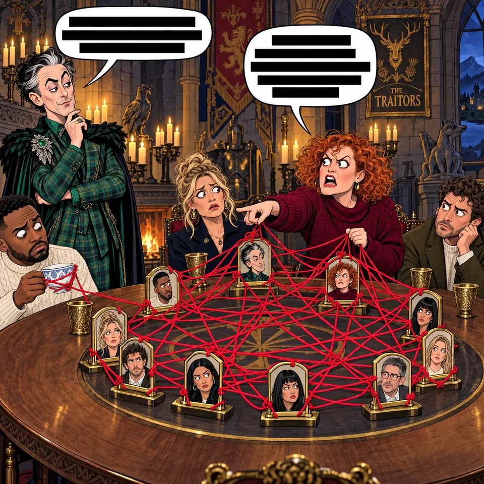 A cartoon Alan watches a contestant accuse the round table using a chaotic red-string web connecting everyone, including herself. — dialogue redacted