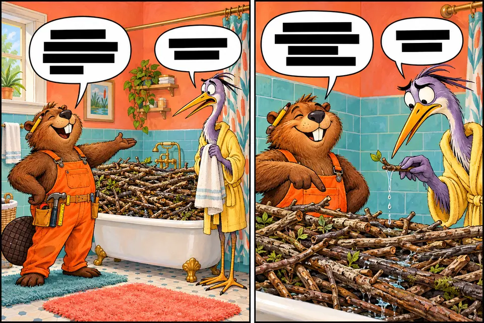 A proud beaver contractor fills a bathtub with a branch dam while a purple heron in a yellow bathrobe lifts a dripping twig in disbelief. - dialogue redacted